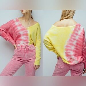 Crush Cashmere Malibu Tie Dye Oversized V Neck Yellow & Pink Size Medium
